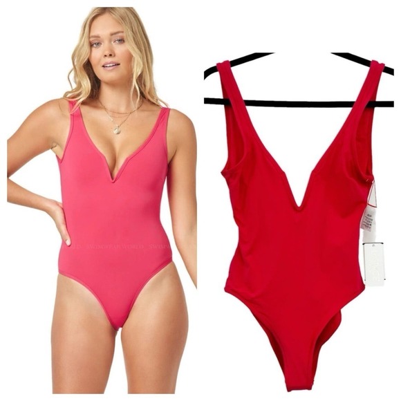 L*Space Coco One Piece Swimsuit Open Back Deep V-Neck Pink Size S NWT - Picture 1 of 12